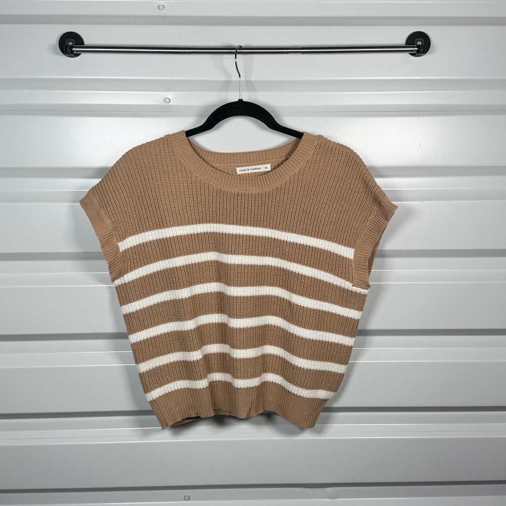 Moon & Madison Brown White Striped Sweater Vest Crew Neck Cotton Blend ST20378 M